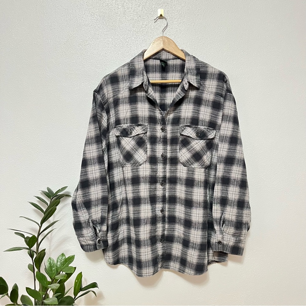 Women's Oversized Long Sleeve Collared Flannel Shirt - black gray Wild Fable XL